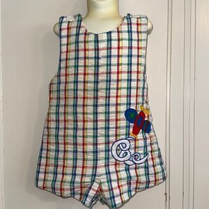 Vtg Samara plaid madras cloth summer romper/shortalls with embroidered airplane